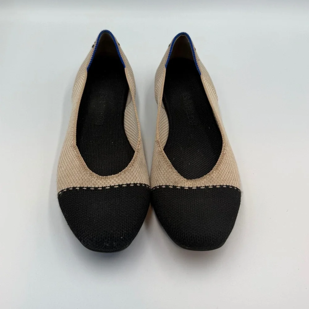 Rothys Cap Toe Flat Sand Black Knit Ballet Shoes Women's 7.5